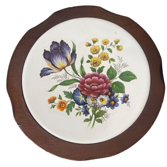 Vintage 70s Genuine Oregon Myrtlewood and Ceramic Round Trivet Floral - Picture 1 of 13